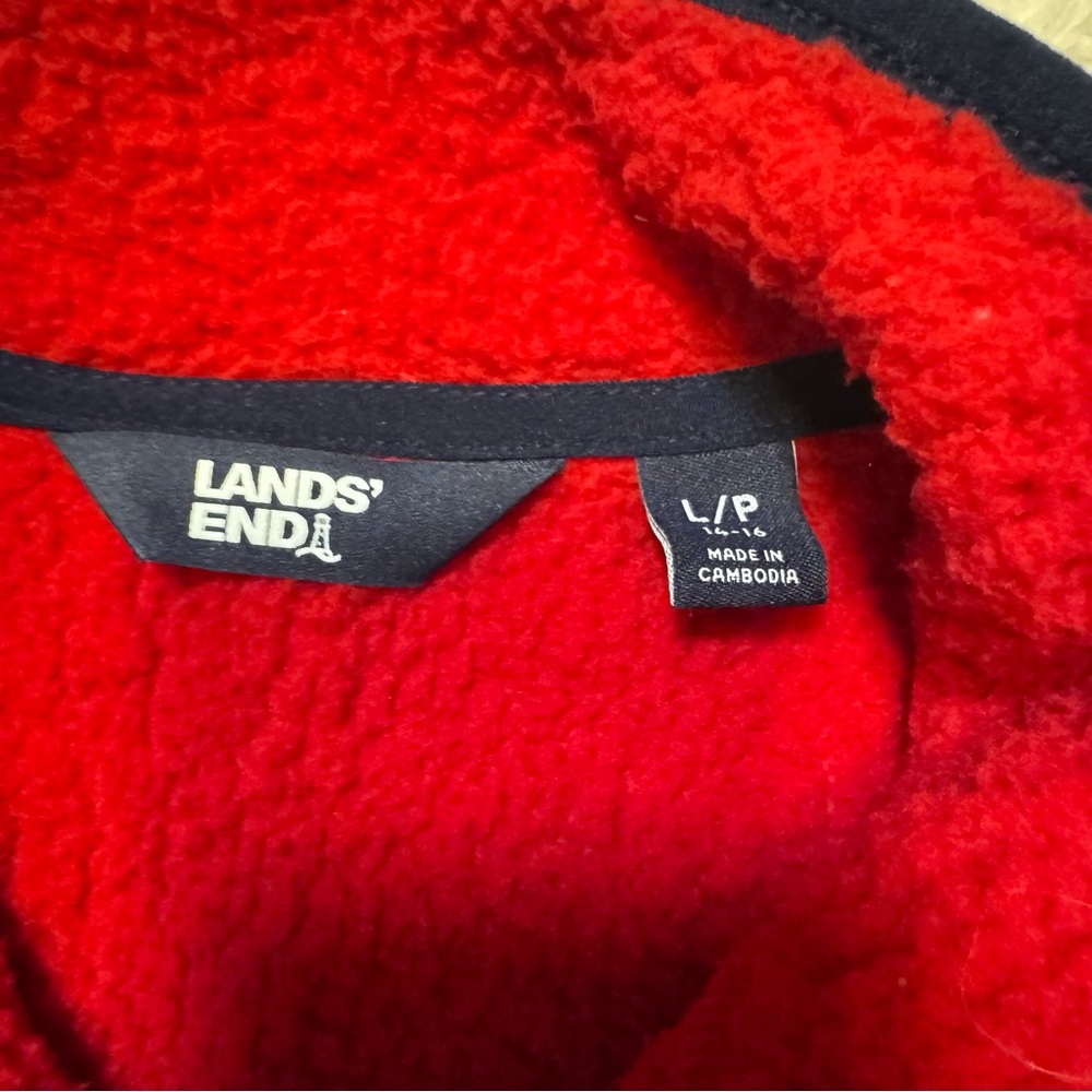 Lands’ End Women’s Large Red & Navy Fair Isle Fleece Quarter-Snap Pullover - Picture 5 of 6